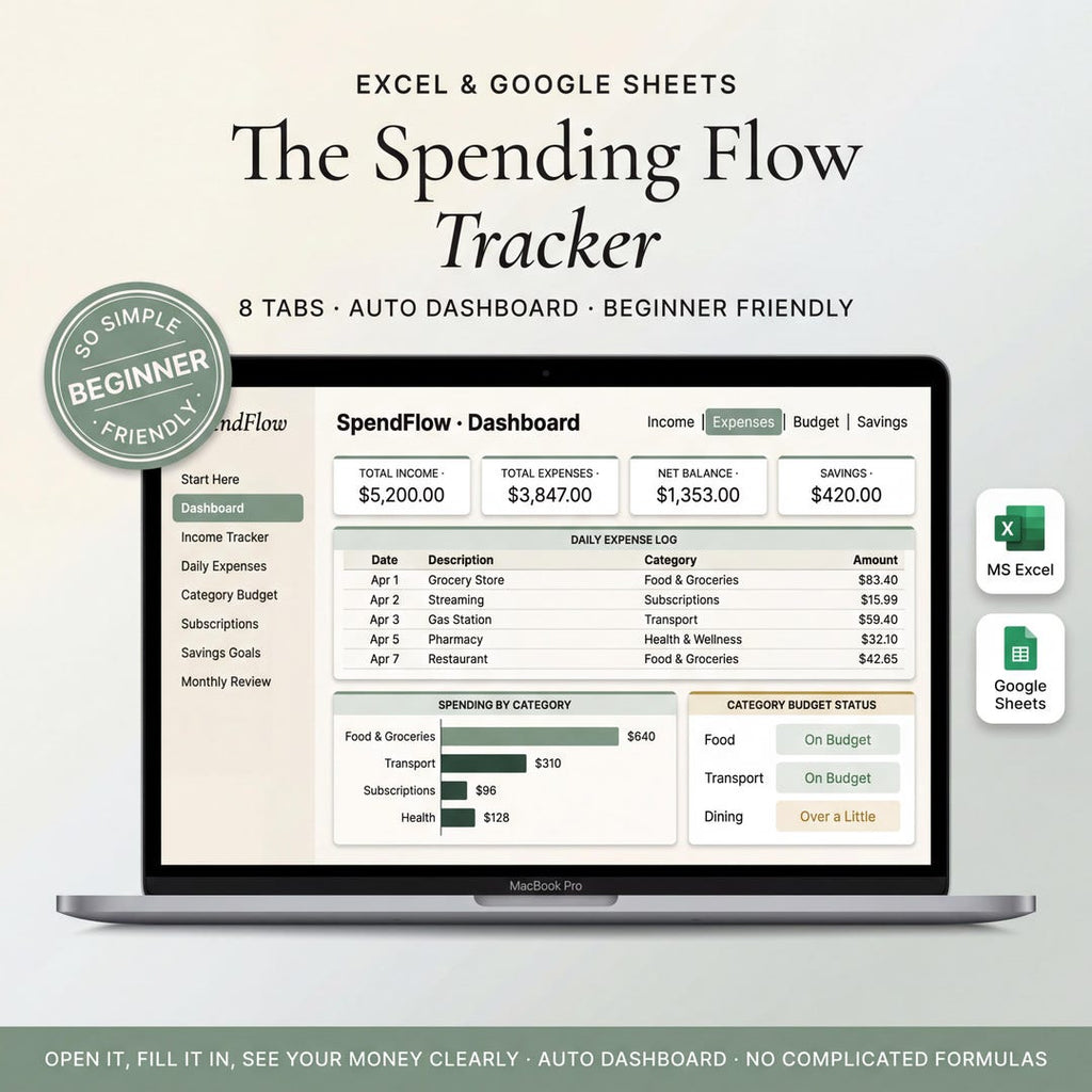 Spending tracker spreadsheet on a laptop showing income, expenses, and a daily spending log