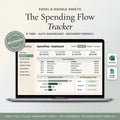 Spending tracker spreadsheet on a laptop showing income, expenses, and a daily spending log