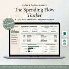 Spending tracker spreadsheet on a laptop showing income, expenses, and a daily spending log
