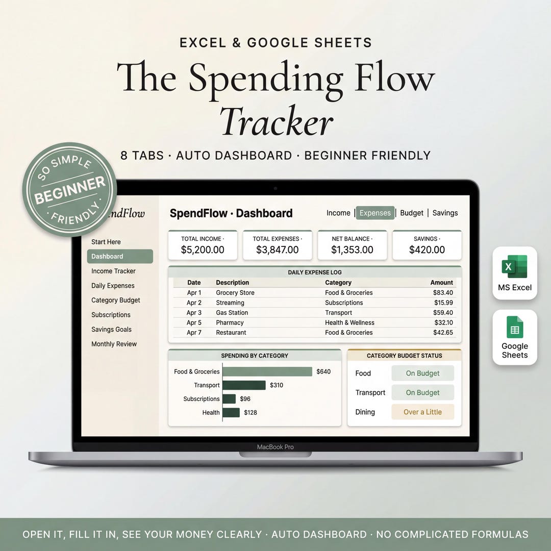 Spending tracker spreadsheet on a laptop showing income, expenses, and a daily spending log