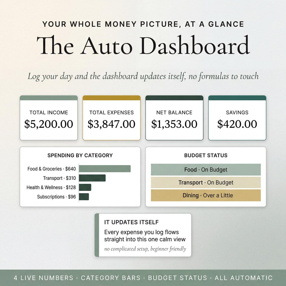 The auto dashboard showing total income, expenses, net balance and savings, updating itself
