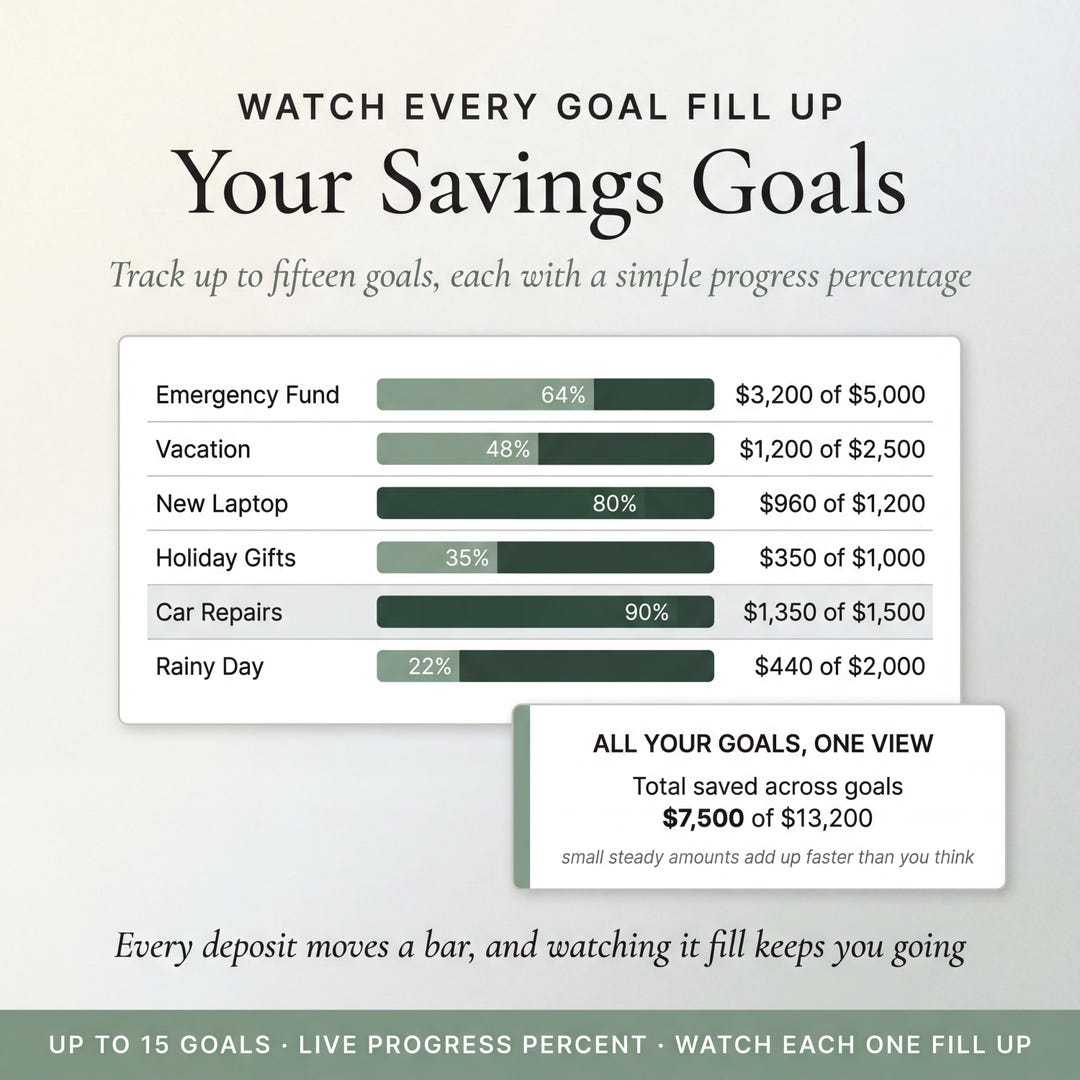 Savings goals with progress bars for an emergency fund, vacation and more