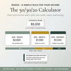The 50/30/20 calculator splitting income into needs, wants and savings