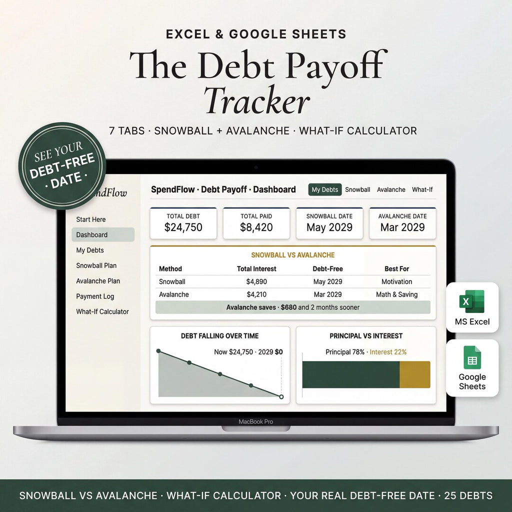 Debt payoff spreadsheet on a laptop comparing snowball and avalanche payoff schedules