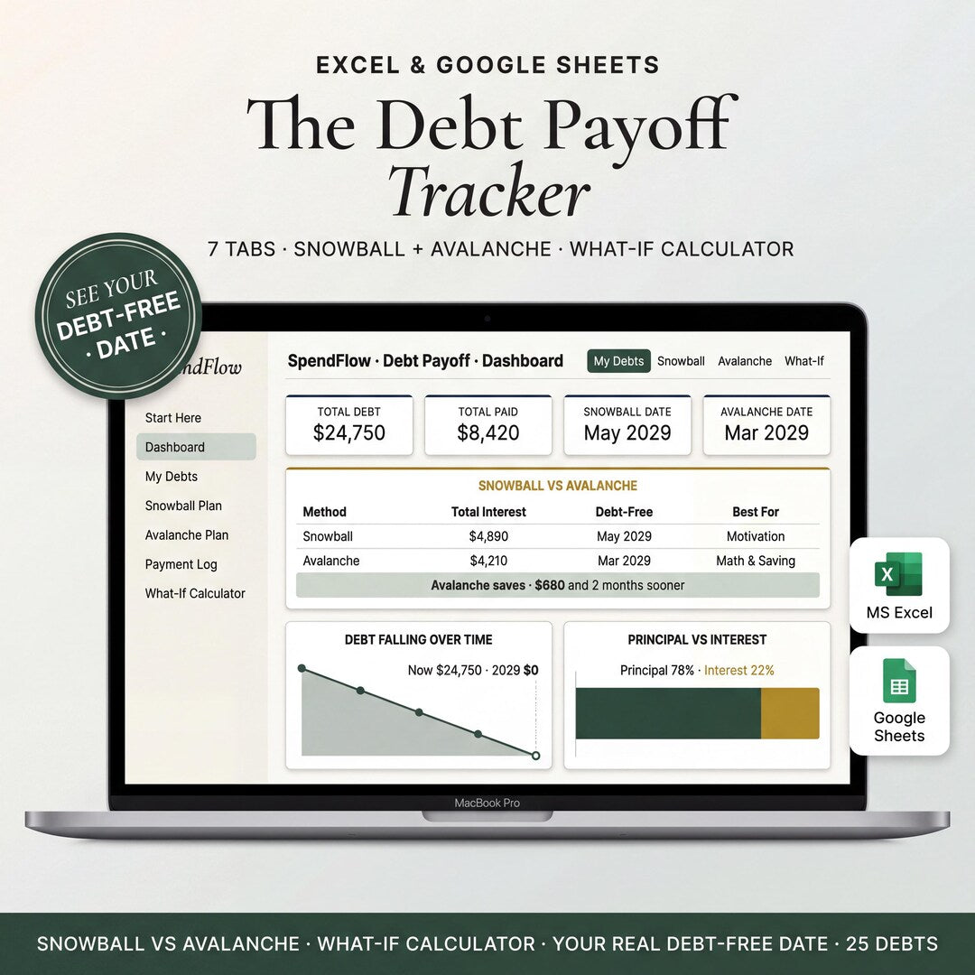 Debt payoff spreadsheet on a laptop comparing snowball and avalanche payoff schedules
