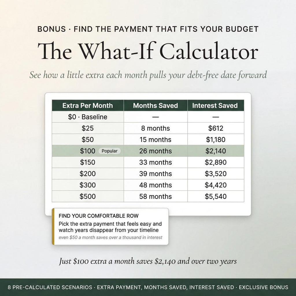 The What-If Calculator showing extra payments against months saved and interest saved