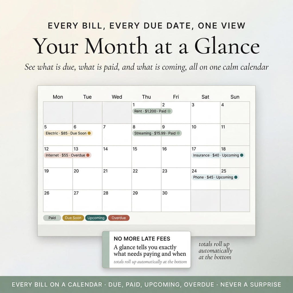 A month-at-a-glance calendar with bills, due dates and payment status