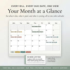 A month-at-a-glance calendar with bills, due dates and payment status