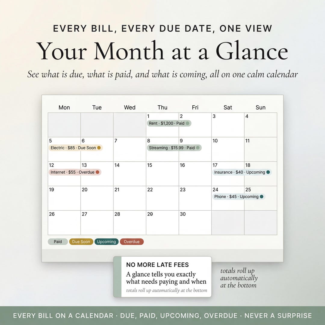 A month-at-a-glance calendar with bills, due dates and payment status
