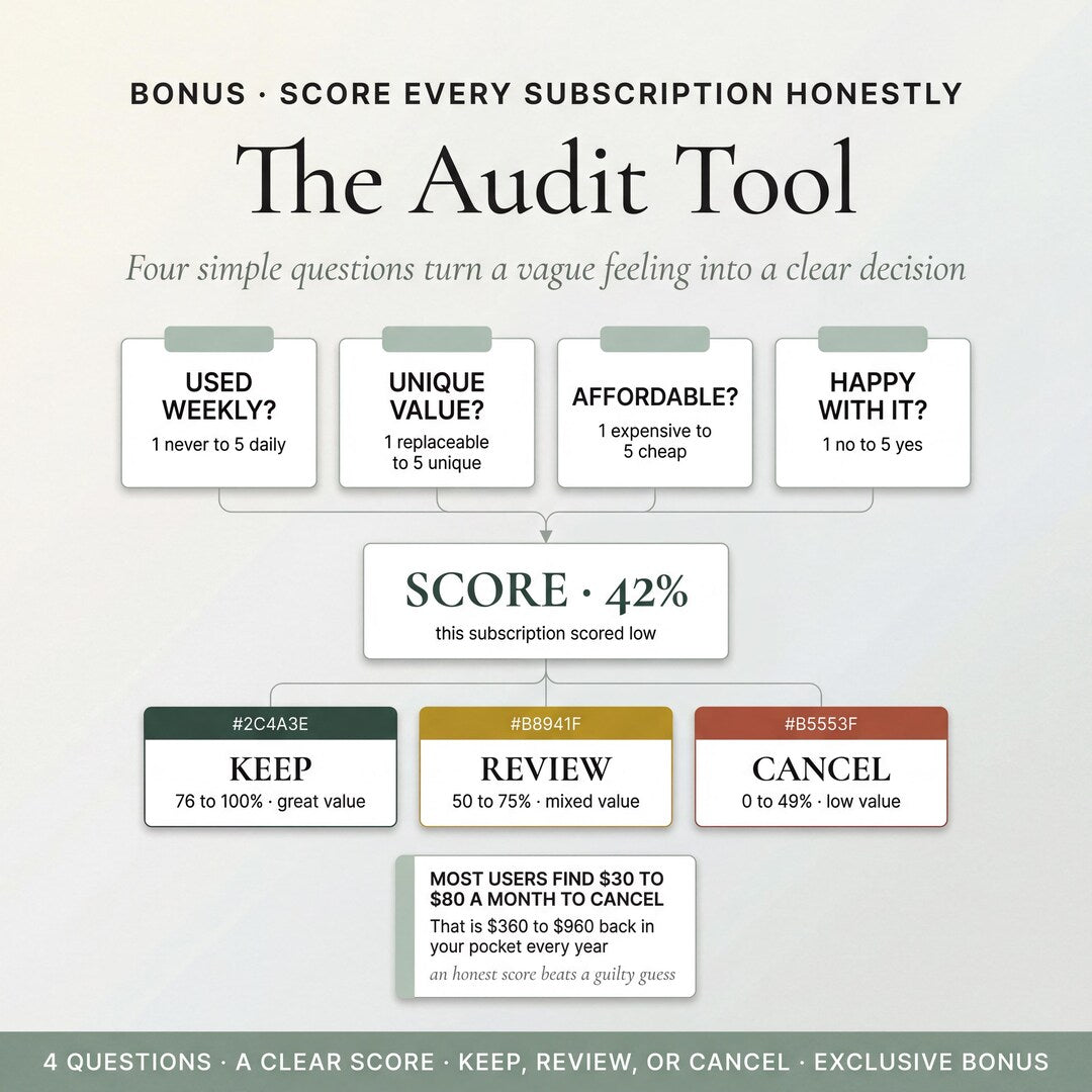The Audit Tool scoring each subscription with a keep, review or cancel verdict