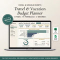 Vacation cost calculator spreadsheet on a laptop showing budget allocation and a per-person split