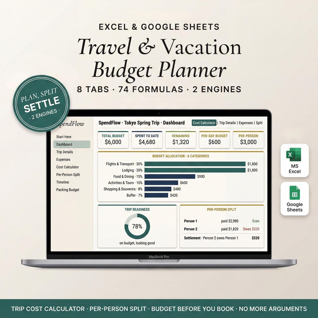Vacation cost calculator spreadsheet on a laptop showing budget allocation and a per-person split