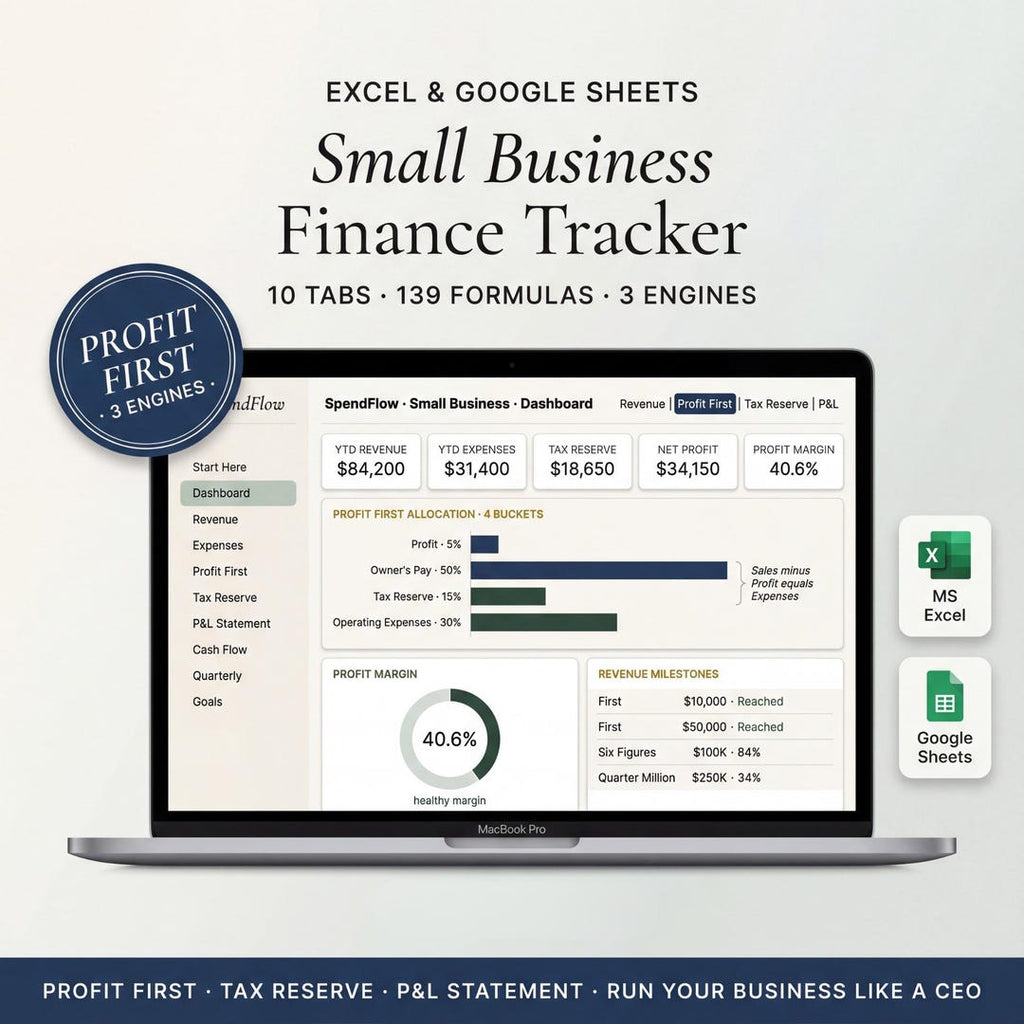 Small business finance spreadsheet on a laptop showing profit and loss with charts