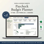 Paycheck budget planner spreadsheet on a laptop showing budget allocation and savings goals