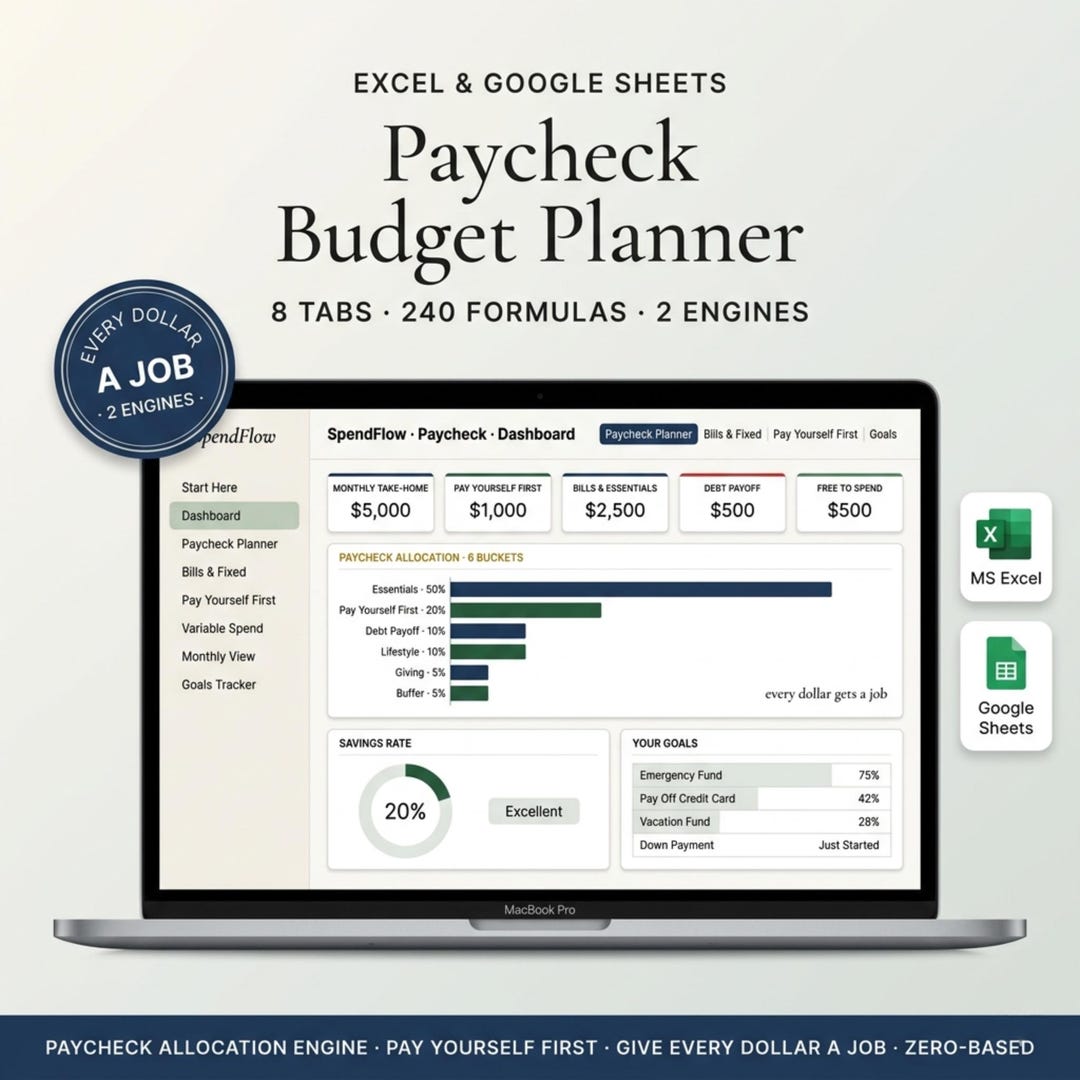 Paycheck budget planner spreadsheet on a laptop showing budget allocation and savings goals