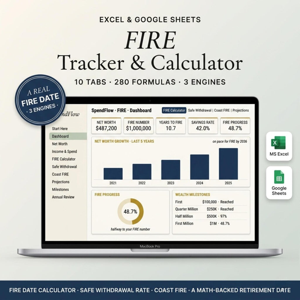 FIRE calculator spreadsheet on a laptop showing net worth, FIRE number, and savings rate