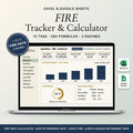 FIRE calculator spreadsheet on a laptop showing net worth, FIRE number, and savings rate