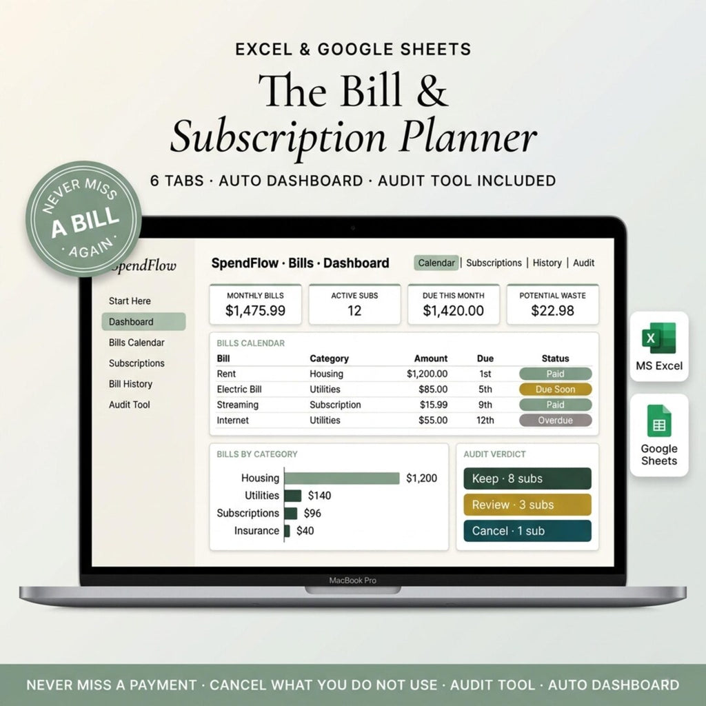 Bill and subscription tracker spreadsheet on a laptop with a dashboard and due-date calendar