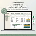 Bill and subscription tracker spreadsheet on a laptop with a dashboard and due-date calendar