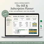 Bill and subscription tracker spreadsheet on a laptop with a dashboard and due-date calendar