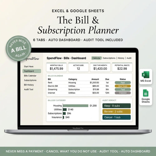 Bill and subscription tracker spreadsheet on a laptop with a dashboard and due-date calendar