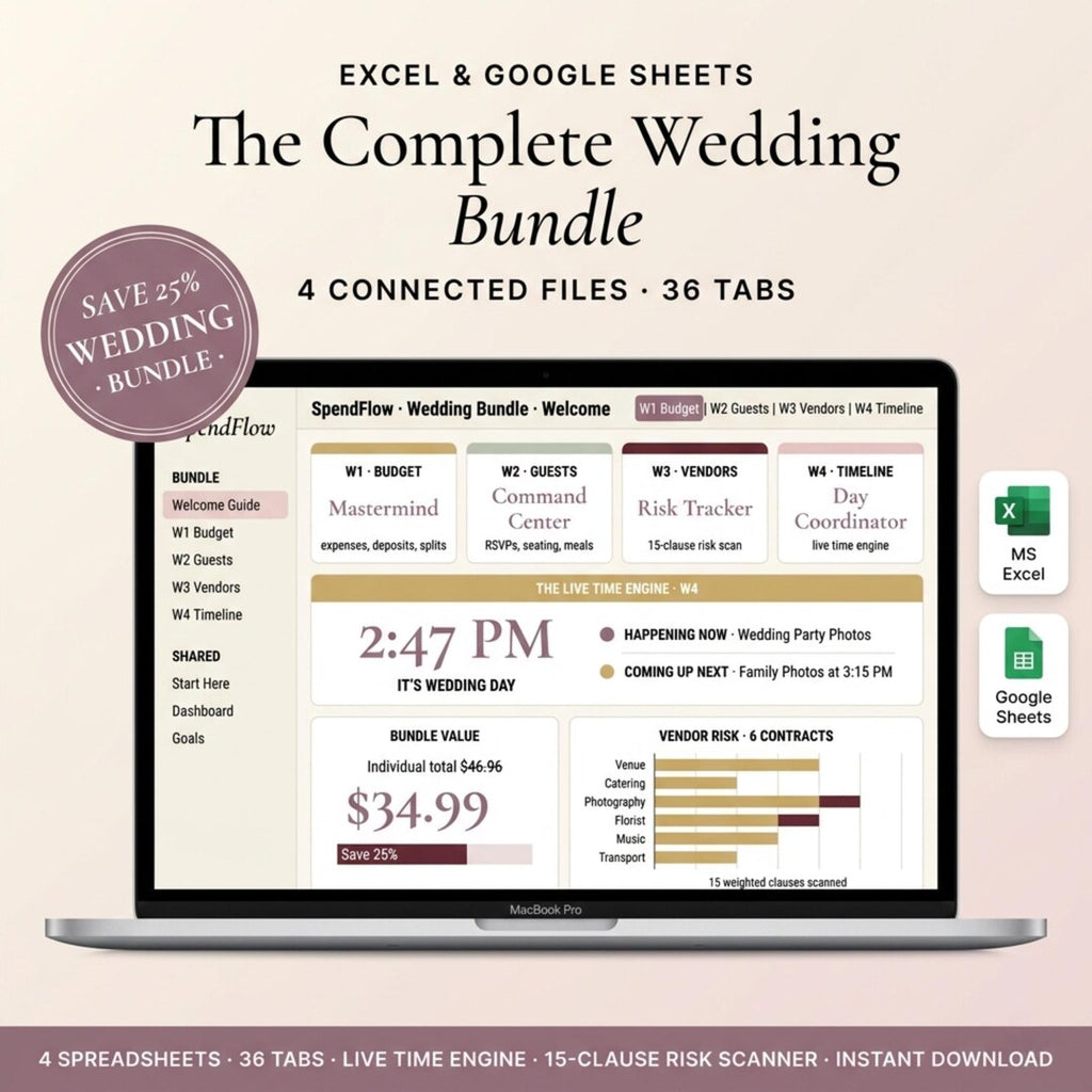 Wedding planner spreadsheet bundle on a laptop with budget, guest, vendor, and timeline tabs