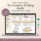 Wedding planner spreadsheet bundle on a laptop with budget, guest, vendor, and timeline tabs