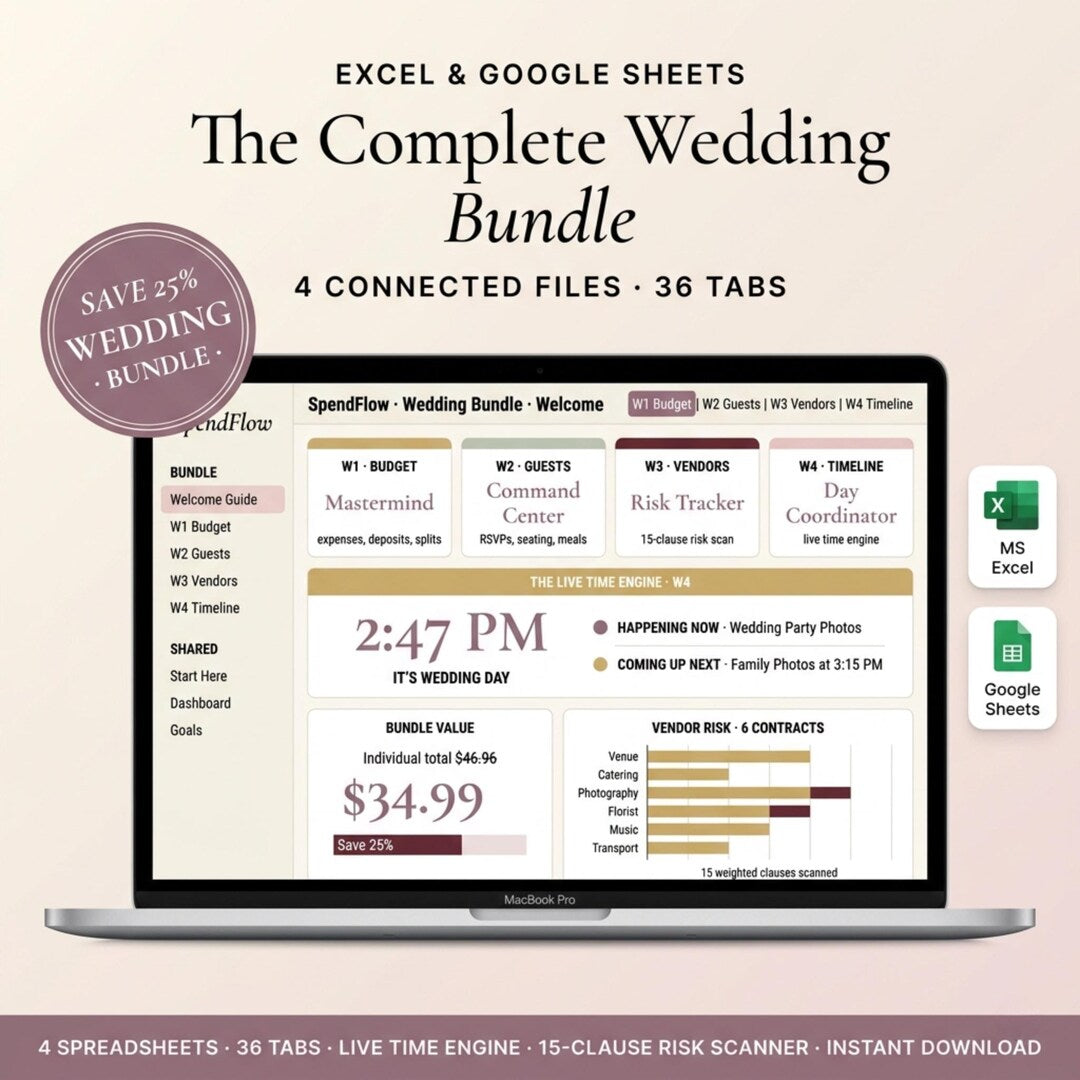 Wedding planner spreadsheet bundle on a laptop with budget, guest, vendor, and timeline tabs
