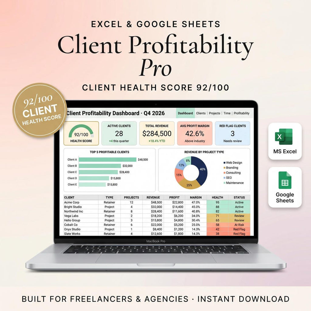Client profitability tracker spreadsheet on a laptop showing revenue, profit margin, and active clients