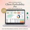 Client profitability tracker spreadsheet on a laptop showing revenue, profit margin, and active clients