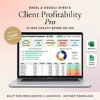 Client profitability tracker spreadsheet on a laptop showing revenue, profit margin, and active clients