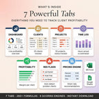 7 powerful tabs: dashboard, clients, projects, time log, profitability, red flags and pricing engine