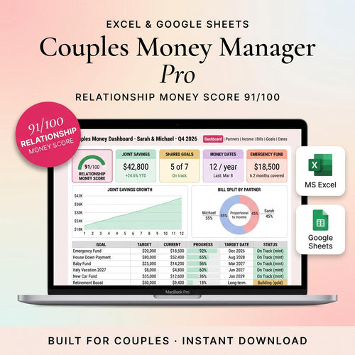 Couples budget spreadsheet on a laptop with joint savings, shared goals, and an emergency fund