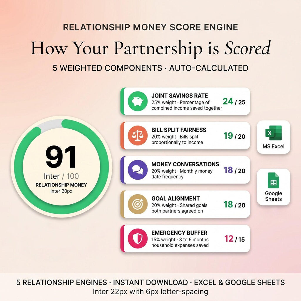 How the partnership is scored: 91 of 100 across joint savings, bill split fairness and money conversations