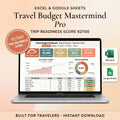 Travel budget spreadsheet on a laptop showing a trip expense breakdown across currencies