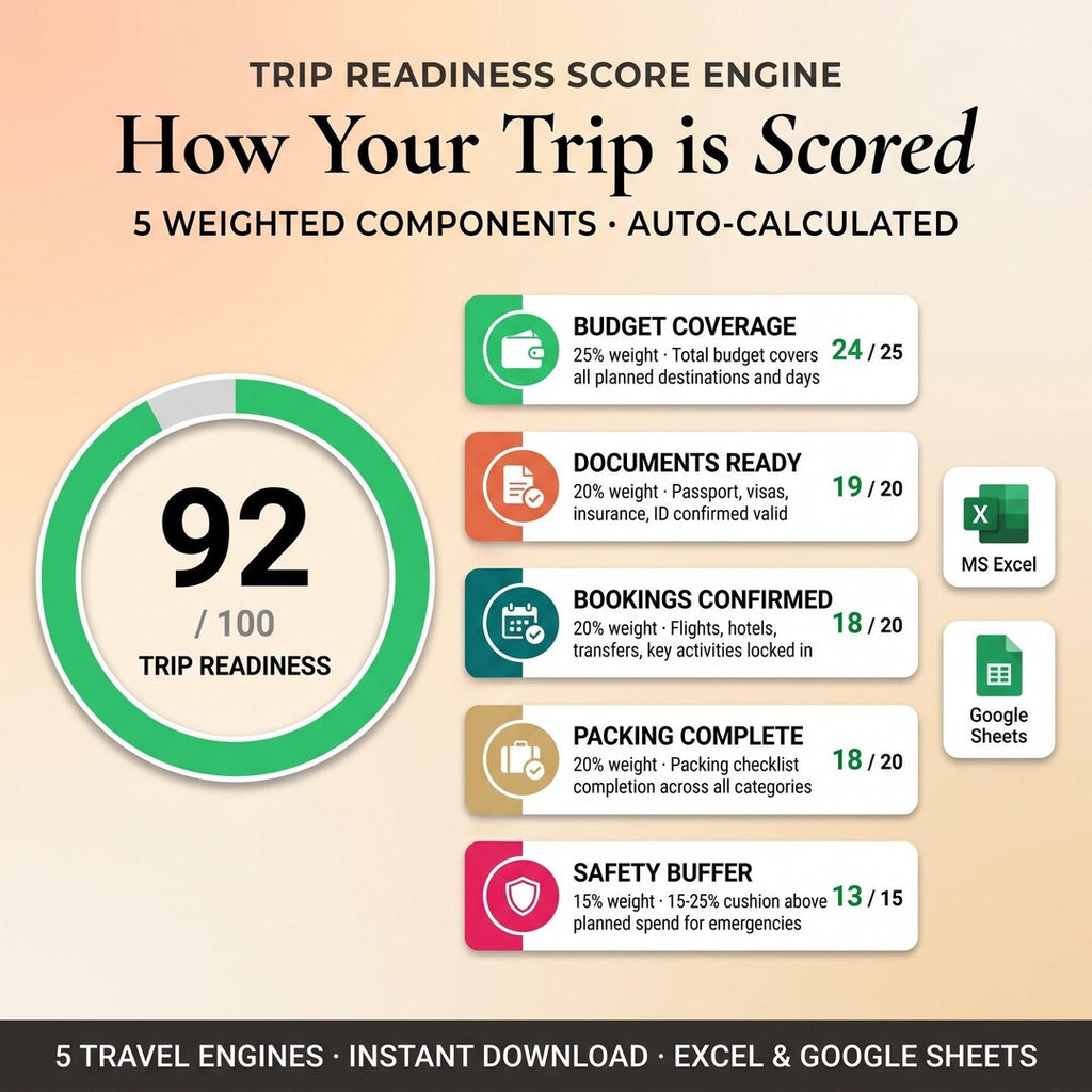 Trip readiness scored 92 of 100 across budget, documents, bookings, packing and safety buffer