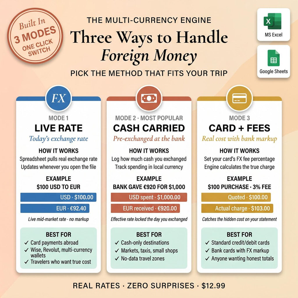 Three methods for foreign money: live rate, cash carried, and card plus fees