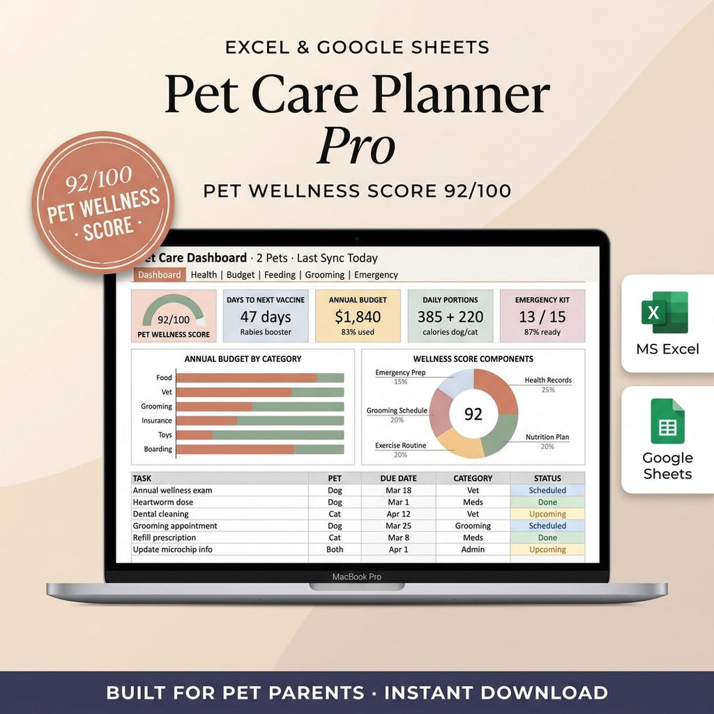 Pet care planner spreadsheet on a laptop with budget, vaccination schedule, and feeding portions
