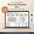 Pet care planner spreadsheet on a laptop with budget, vaccination schedule, and feeding portions