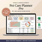 Pet care planner spreadsheet on a laptop with budget, vaccination schedule, and feeding portions
