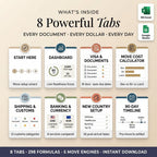 8 powerful tabs: dashboard, visa documents, move cost calculator, shipping, banking and a 90-day timeline