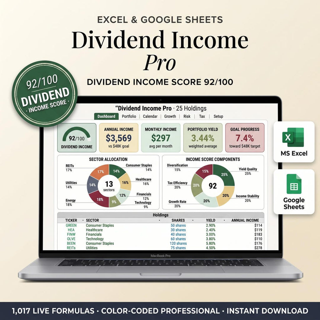 Dividend tracker spreadsheet shown on a laptop with income, portfolio yield, and sector allocation
