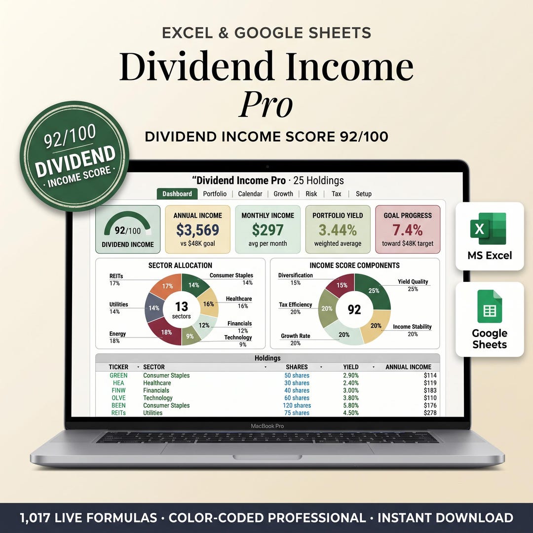 Dividend tracker spreadsheet shown on a laptop with income, portfolio yield, and sector allocation