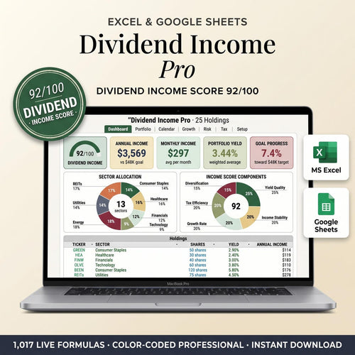 Dividend tracker spreadsheet shown on a laptop with income, portfolio yield, and sector allocation