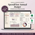 Annual budget spreadsheet on a laptop showing income, spending, and savings for the year