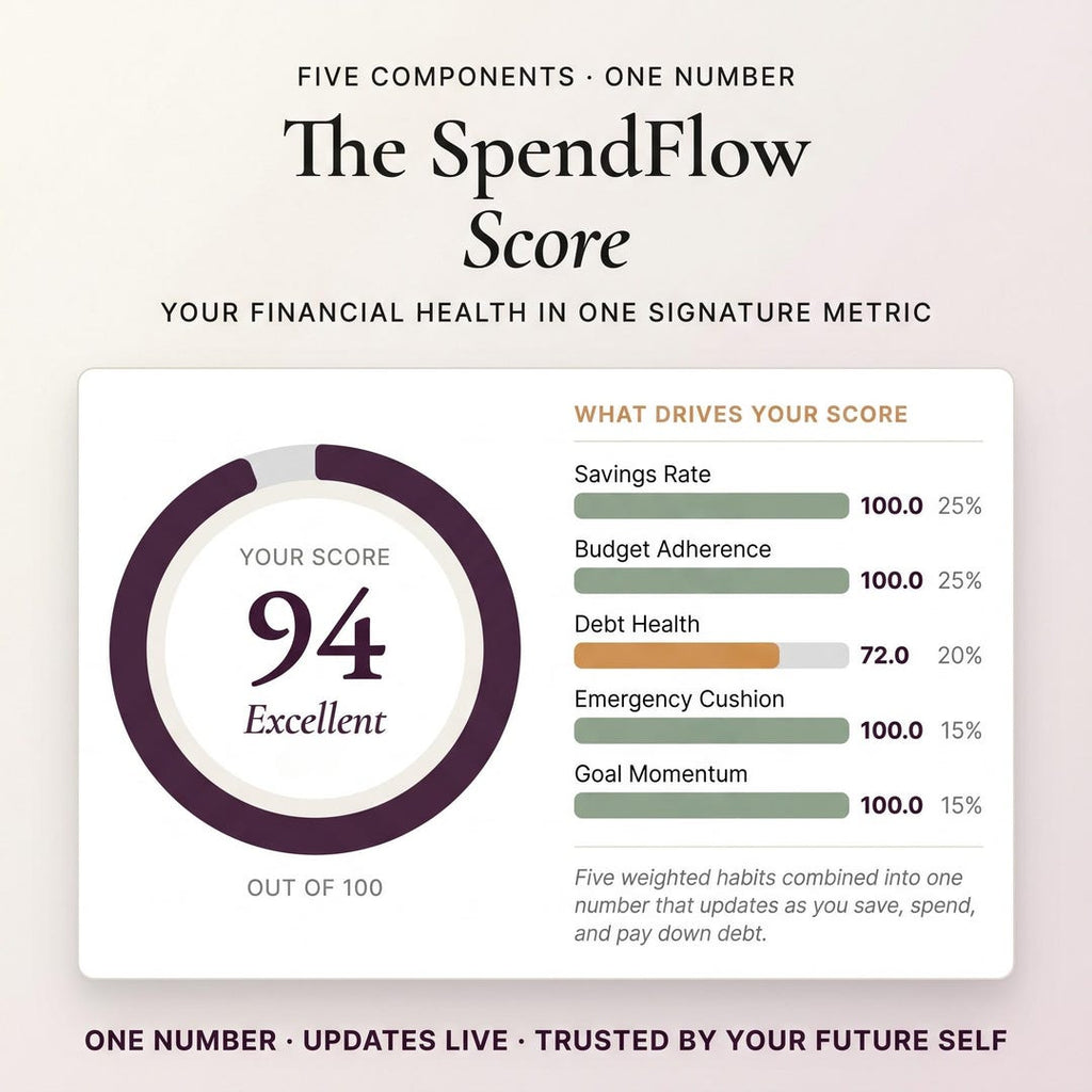 The SpendFlow Score of 94 built from savings rate, budget adherence and debt health