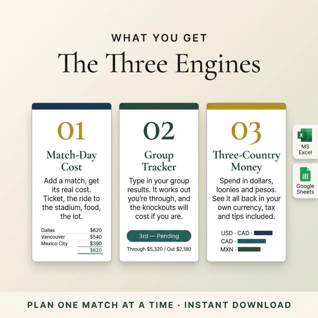 Match-day cost engine showing ticket, transport and food totals per match