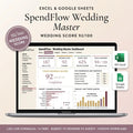 Wedding planner spreadsheet on a laptop showing the budget, guest list, and vendor overview