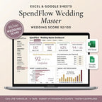 Wedding planner spreadsheet on a laptop showing the budget, guest list, and vendor overview