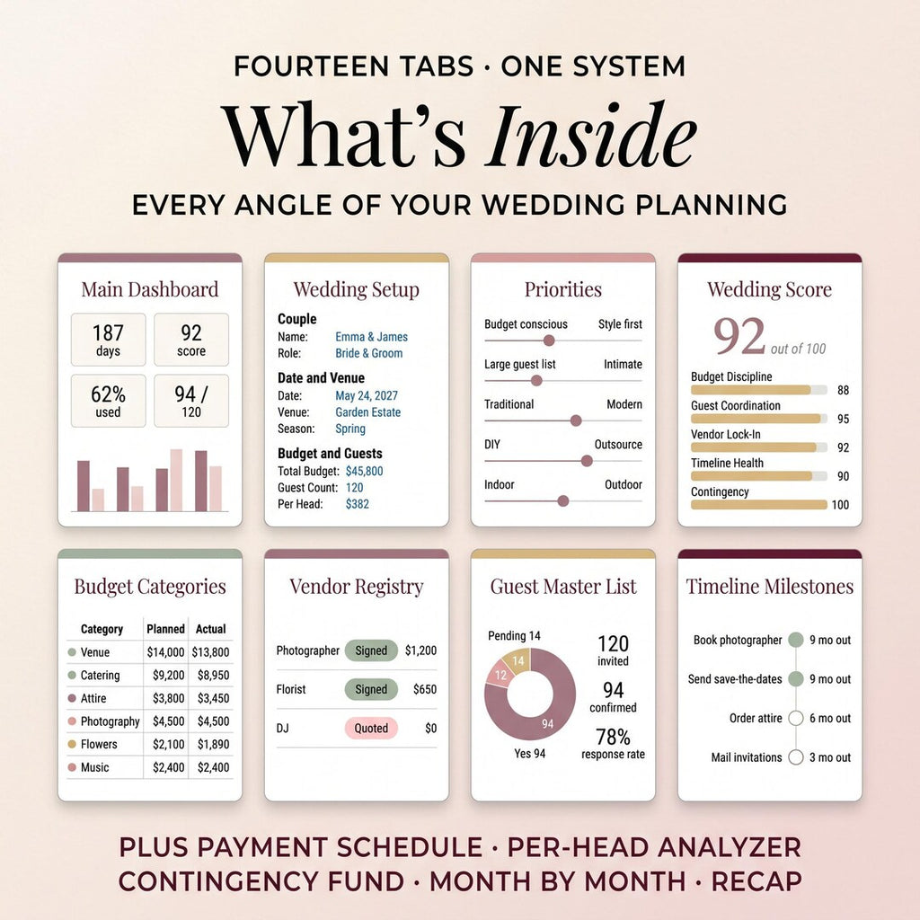Wedding planning dashboard tabs: setup, priorities, score, budget, vendors, guests and timeline